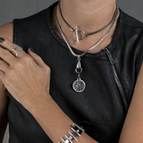 Silver snake chain necklace with Austrian crystal stone pendant, minimal edgy long necklace