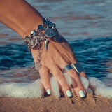 Chunky anchor chain bracelet in stainless steel with double wrap design and sterling silver plated coin charms