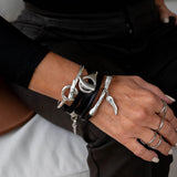 Bold stacked bracelets set, layered leather and metal cuffs for everyday look