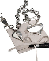 Chunky stainless steel heart pendant necklace and bracelet set, showcasing a textured oval link chain and T-clasp.