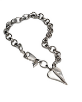 Chunky stainless steel chain bracelet with large heart pendant, featuring a T-clasp and an adjustable length.