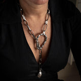Edgy chunky hammered link chain and pendant leaf necklace