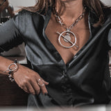 Chunky women's chain necklace with bar closure and coin pendant