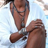 Layered leather and metal necklaces with semi precious choker and tooth pendant, unisex stacked edgy necklaces