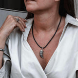 Layered leather and metal necklaces with semi precious choker and tooth pendant, unisex stacked edgy necklaces