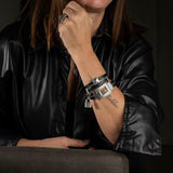 Wrap around leather bracelet with hammered clasp, black leather and chain statement cuff