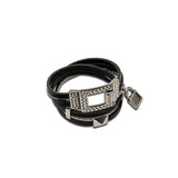 Wrap around leather bracelet with hammered clasp, black leather and chain statement cuff
