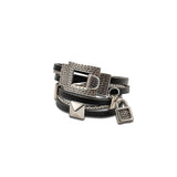 Wrap around leather bracelet with hammered clasp, black leather and chain statement cuff