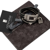 Wrap around leather bracelet with hammered clasp, black leather and chain statement cuff