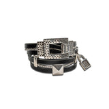 Wrap around leather bracelet with hammered clasp, black leather and chain statement cuff