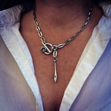Crystal chain choker necklace with stainless steel links and black-silver Austrian crystal pendant