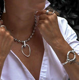 Chunky silver ball chain choker with hammered loop pendant, 42 cm oversized statement necklace