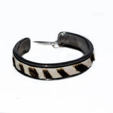 Gunmetal brass bangle bracelet with striped pony hair leather and adjustable open cuff design