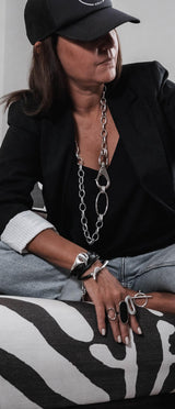 Long necklace with chunky industrial style lobster clasp, bold wrap necklace with large bolt closure