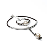 Bold luxury necklace and bracelet pearl set, unode50 style leather and metal cuff and choker