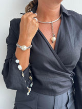 Bold luxury necklace and bracelet pearl set, unode50 style leather and metal cuff and choker
