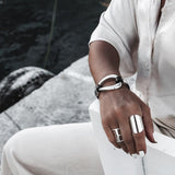 Black leather and metal bracelet, edgy standout cuff for a rock style look, unisex