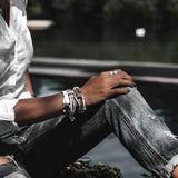 Metal cuff with leather in white/black/brown, modern stacked bracelet, bangle to complement other bracelets