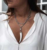 Edgy chic snake chain with shell pearl tooth pendant, Classy stainless steel wrap necklace with mother of pearl tooth