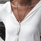 Edgy chic snake chain with shell pearl tooth pendant, Classy stainless steel wrap necklace with mother of pearl tooth