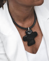 Large Black Asymmetric Cross Necklace, Thick Leather Cord Choker, Gothic Punk Cross Pendant, Statement Cross Dangles, Grunge Jewelry