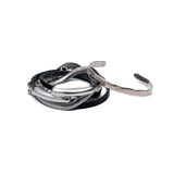 Layered Leather and snake chain wraparound bracelet in black with silver bangle, Bold bracelet set