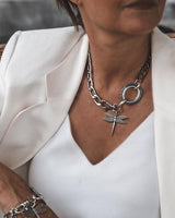 Chunky Silver Chain Necklace with Dragonfly Pendant, Sterling Silver Plated Statement Jewelry, Stainless Steel Link Chain Gift for Her