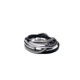 Layered black leather and snake chain wraparound bracelet with a silver bangle, featuring a magnetic closure for easy wear.