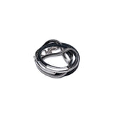 Layered black leather and silver snake chain wraparound bracelet with a malleable bangle, featuring a magnetic closure.