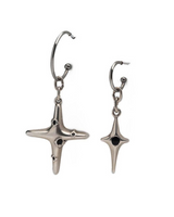 Pair of silver star-shaped earrings with black gemstones on a white background