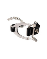 Black leather bracelet featuring a silver stirrup motif, complemented by a metal extension chain for adjustable fit.