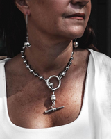 Sterling silver plated ball chain necklace featuring chunky sphere beads and an organic ring clasp, paired with matching bracelet.