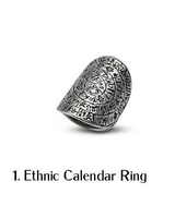 Large ethnic calendar ring in sterling silver plated zamak with intricate engravings. Adjustable fit.