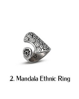 Mandala ethnic ring featuring intricate floral engravings on a silver-plated design, adjustable size for comfort.