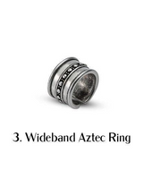 Wideband Aztec ring featuring intricate metal detailing and a chunky design, ideal for stacking or standalone wear.