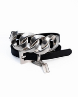 Chunky double wrap bracelet featuring black leather and interlinked silver chains with a buckle clasp.