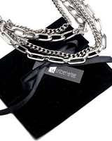 Bold stainless steel layered choker featuring multi-strand chains, oversized swivel lobster clasp, and packaged in a black velvet pouch.