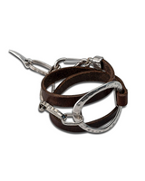 Unique wrap leather & metal statement bracelet featuring brown leather strands and sculpted silver-plated metal accents.