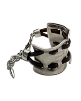 Metallic ring with black leather strap on a white background
