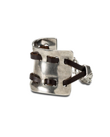 Silver ring with brown leather straps on a white background