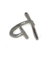 Adjustable irregular funky bar ring in silver-plated copper with an abstract, edgy design.