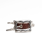 Bold belt buckle necklace and bracelet set featuring braided brown leather and chunky silver-plated metal hardware.