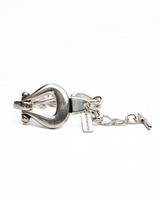 Silver bracelet with a tag on a white background