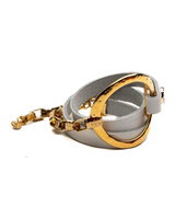 Gold and white dog leash on a white background
