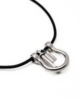 Large horseshoe shackle pendant in stainless steel on a black leather cord, showcasing a bold, edgy design.