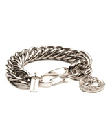 Silver chain bracelet with a heart-shaped padlock on a white background