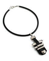 Statement black leather and metal bar choker necklace featuring multiple leather cords with sculpted metallic accents.