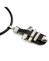 Black leather choker necklace featuring sculpted silver metal bars and an adjustable fit for a modern, edgy style.