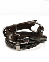 Brown leather bracelet with silver accents on a white background