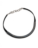 Gunmetal and black choker with a curved metal tube design and leather accents, featuring an adjustable chain closure.